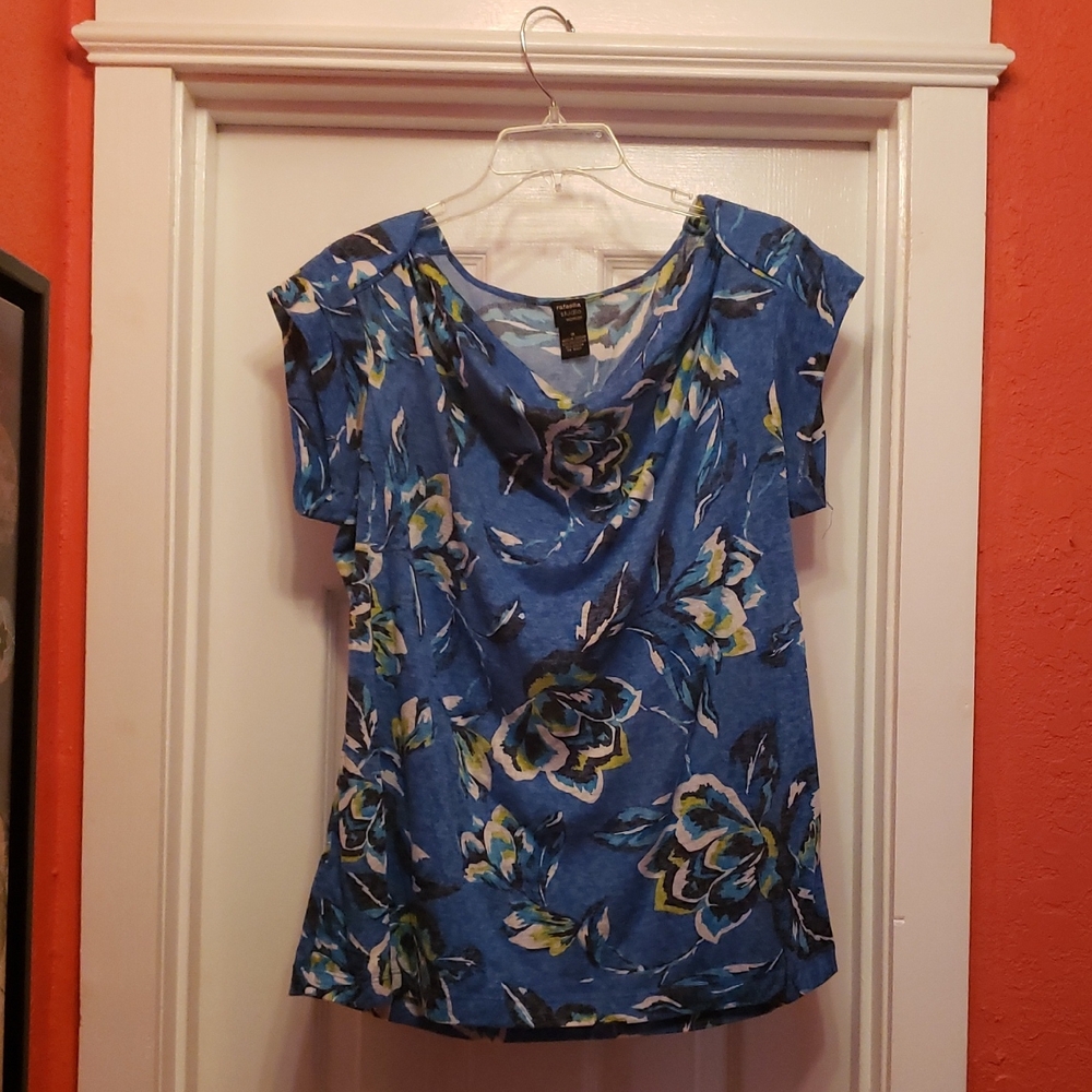 Rafaella Blue Cream Draped Cap Sleeve Blouse